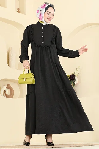 moda selvim Fırfır Detaylı Düğmeli Elbise 24037UKB139 Siyah - Thumbnail