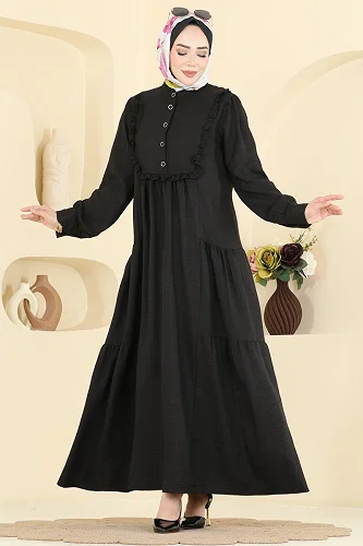 moda selvim Fırfır Detaylı Düğmeli Elbise 24037UKB139 Siyah - Thumbnail