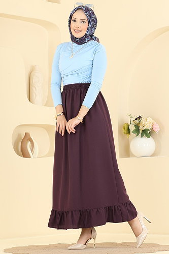 moda selvim Fırfır Detaylı Etek 148NZRK1200 Mürdüm - Thumbnail