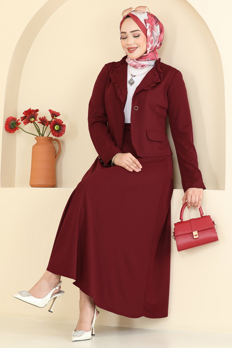 Fırfır Detaylı Etekli Takım 2857SL432 Bordo