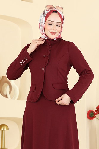 moda selvim Fırfır Detaylı Etekli Takım 2857SL432 Bordo - Thumbnail
