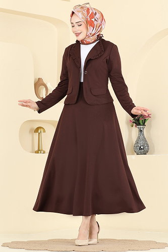 moda selvim Fırfır Detaylı Etekli Takım 2857SL432 Kahve - Thumbnail