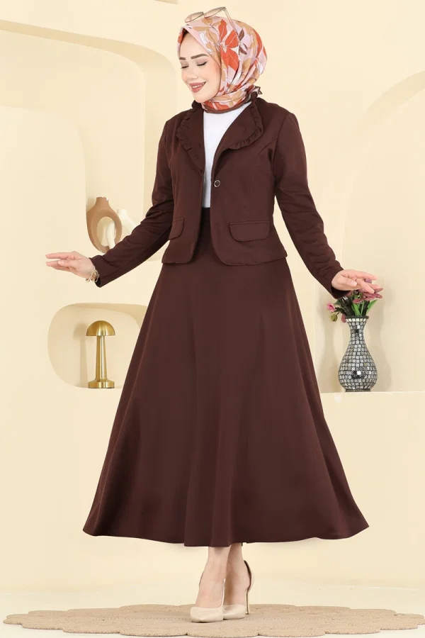 Modaselvim Kombin Fırfır Detaylı Etekli Takım 2857SL432 Kahve