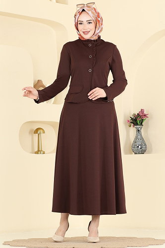 moda selvim Fırfır Detaylı Etekli Takım 2857SL432 Kahve - Thumbnail
