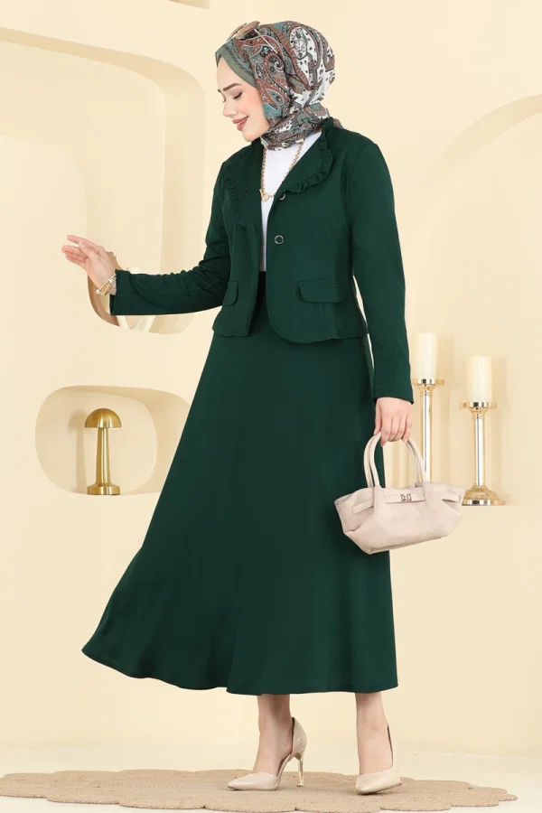 Modaselvim Kombin Fırfır Detaylı Etekli Takım 2857SL432 Zümrüt