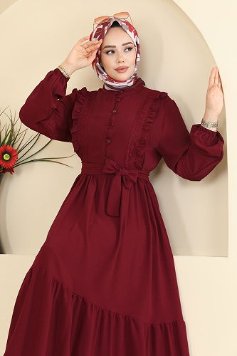 moda selvim Fırfır Detaylı İthal Krep Elbise 318ASN888 Bordo - Thumbnail