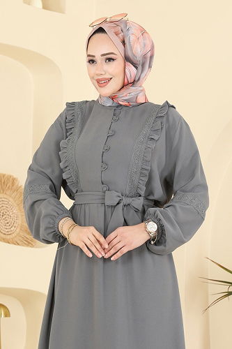moda selvim Fırfır Detaylı İthal Krep Elbise 318ASN888 Gri - Thumbnail