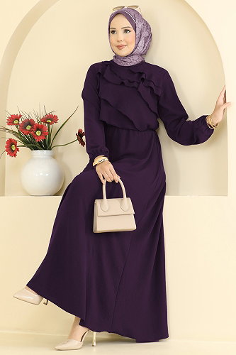 moda selvim Fırfır Detaylı Katlı Elbise 2667MSZ1172 Mor - Thumbnail