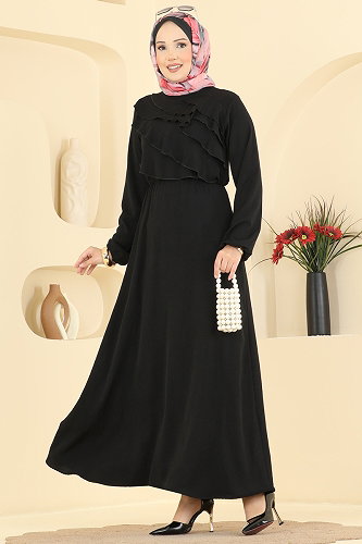 moda selvim Fırfır Detaylı Katlı Elbise 2667MSZ1172 Siyah - Thumbnail