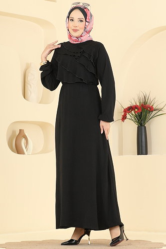 moda selvim Fırfır Detaylı Katlı Elbise 2667MSZ1172 Siyah - Thumbnail