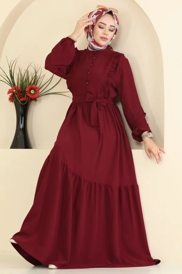 Modaselvim Elbise Fırfır Detaylı Krep Elbise 318ASN888 Bordo