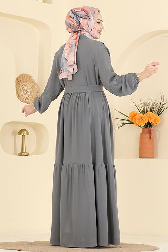 moda selvim Fırfır Detaylı Krep Elbise 318ASN888 Gri - Thumbnail