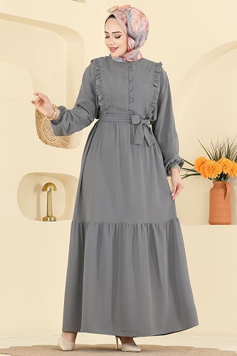 moda selvim Fırfır Detaylı Krep Elbise 318ASN888 Gri - Thumbnail