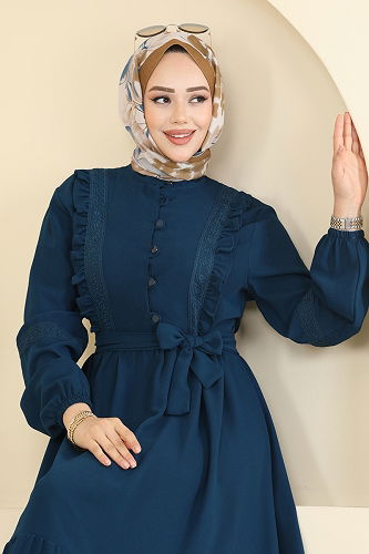 moda selvim Fırfır Detaylı Krep Elbise 318ASN888 İndigo - Thumbnail