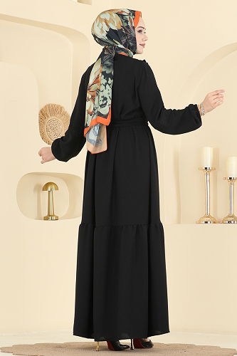 moda selvim Fırfır Detaylı Krep Elbise 318ASN888 Siyah - Thumbnail