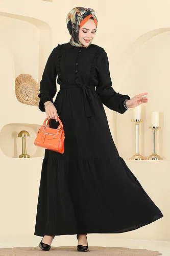 moda selvim Fırfır Detaylı Krep Elbise 318ASN888 Siyah - Thumbnail