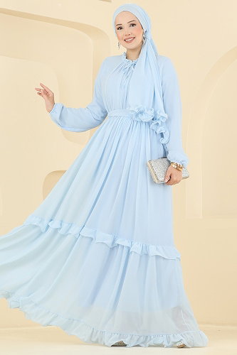 moda selvim Fırfır Detaylı Şallı Abiye 2499ANT466 Bebe Mavisi - Thumbnail
