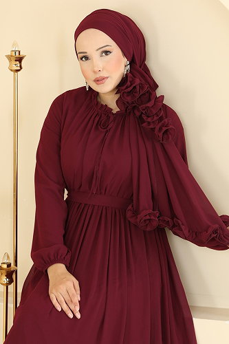 moda selvim Fırfır Detaylı Şallı Abiye 2499ANT466 Bordo - Thumbnail