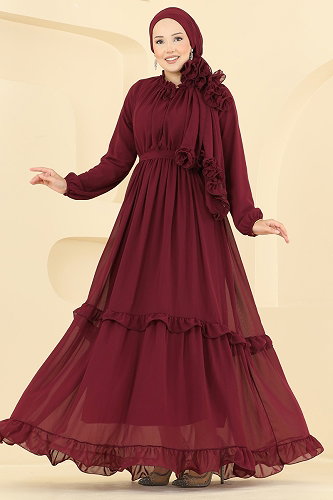 moda selvim Fırfır Detaylı Şallı Abiye 2499ANT466 Bordo - Thumbnail