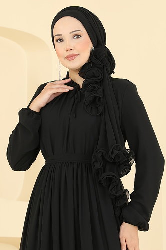 moda selvim Fırfır Detaylı Şallı Abiye 2499ANT466 Siyah - Thumbnail
