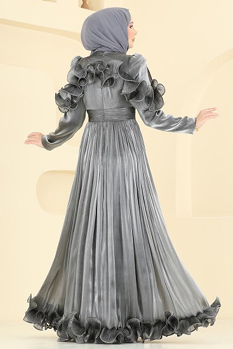 moda selvim Fırfır Detaylı Şık Abiye 5661DMNK1166 Antrasit - Thumbnail