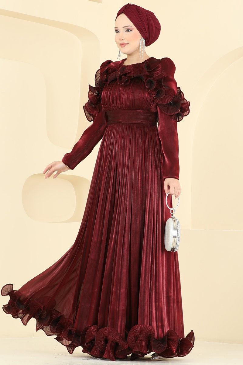 Fırfır Detaylı Şık Abiye 5661DMNK1166 Bordo