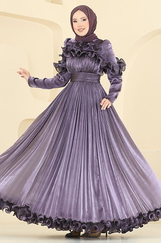 moda selvim Fırfır Detaylı Şık Abiye 5661DMNK1166 Koyu Lila - Thumbnail