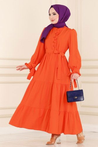 moda selvim Fırfır Detaylı Terikoton Elbise 2003KTR750 Oranj - Thumbnail