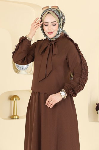 moda selvim Fırfır Detaylı Terikoton Takım 0847LVA1173 Kahve - Thumbnail