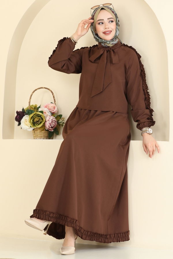 Modaselvim Kombin Fırfır Detaylı Terikoton Takım 0847LVA1173 Kahve