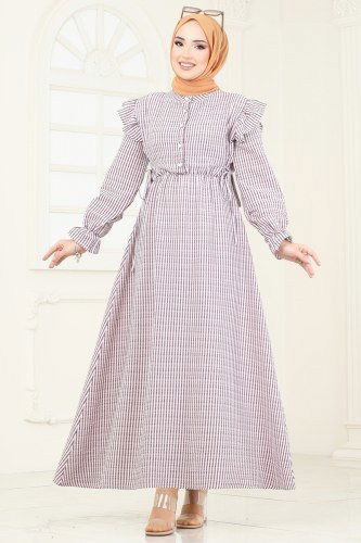 moda selvim Fırfır Detaylı Tesettür Elbise 8357HBS856 Bordo - Thumbnail