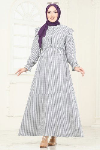 moda selvim Fırfır Detaylı Tesettür Elbise 8357HBS856 Siyah - Thumbnail