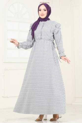 moda selvim Fırfır Detaylı Tesettür Elbise 8357HBS856 Siyah - Thumbnail