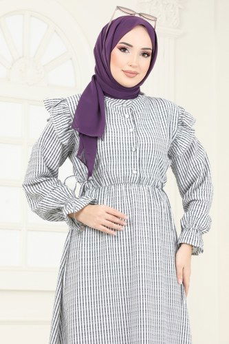 moda selvim Fırfır Detaylı Tesettür Elbise 8357HBS856 Siyah - Thumbnail