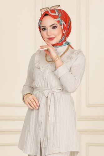 moda selvim Fırfır Detaylı Tesettür Takım 5159NWF762 Krem - Thumbnail