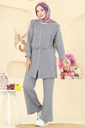 moda selvim Fırfır Detaylı Triko Takım 2719AYD574 Gri - Thumbnail