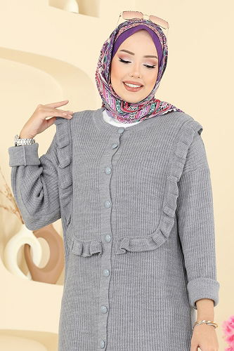 moda selvim Fırfır Detaylı Triko Takım 2719AYD574 Gri - Thumbnail