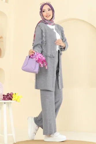 A.Y.D. - Fırfır Detaylı Triko Takım 2719AYD574 Gri