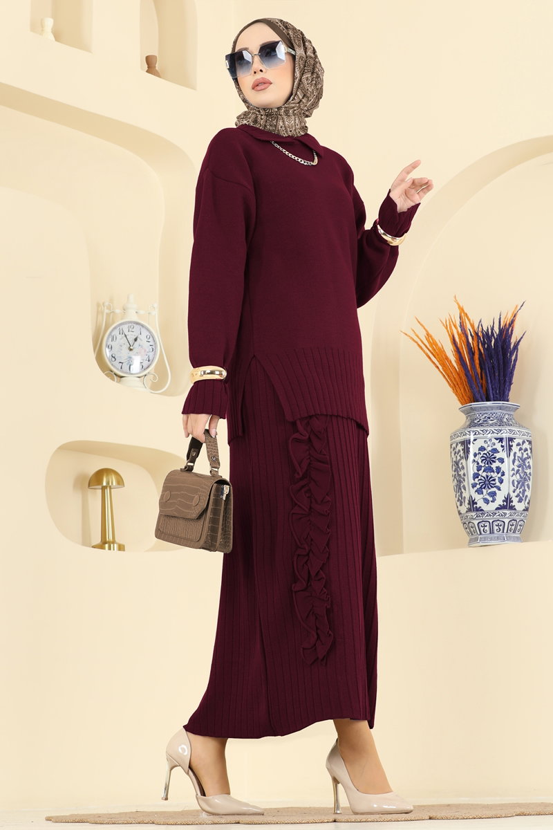 Fırfır Detaylı Triko Takım 2773AYD574 Bordo