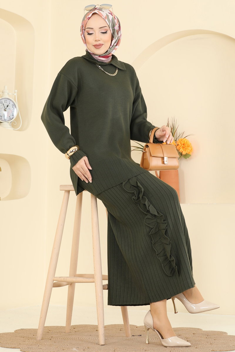 Fırfır Detaylı Triko Takım 2773AYD574 Haki