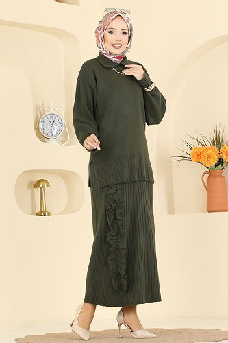 moda selvim Fırfır Detaylı Triko Takım 2773AYD574 Haki - Thumbnail