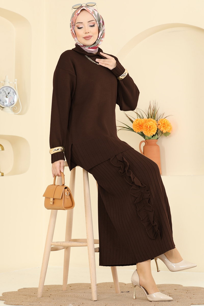 Fırfır Detaylı Triko Takım 2773AYD574 Kahve