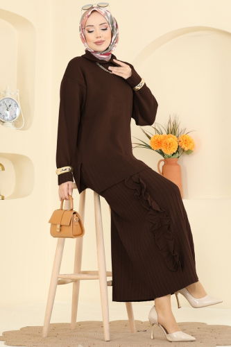 A.Y.D. - Fırfır Detaylı Triko Takım 2773AYD574 Kahve