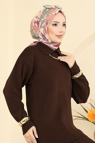 moda selvim Fırfır Detaylı Triko Takım 2773AYD574 Kahve - Thumbnail