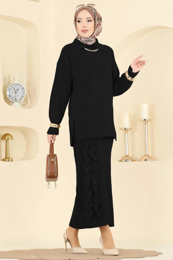 Modaselvim Kombin Fırfır Detaylı Triko Takım 2773AYD574 Siyah
