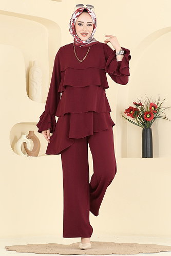 moda selvim Fırfır Katlı 2 li Takım 2666MSZ1172 Bordo - Thumbnail