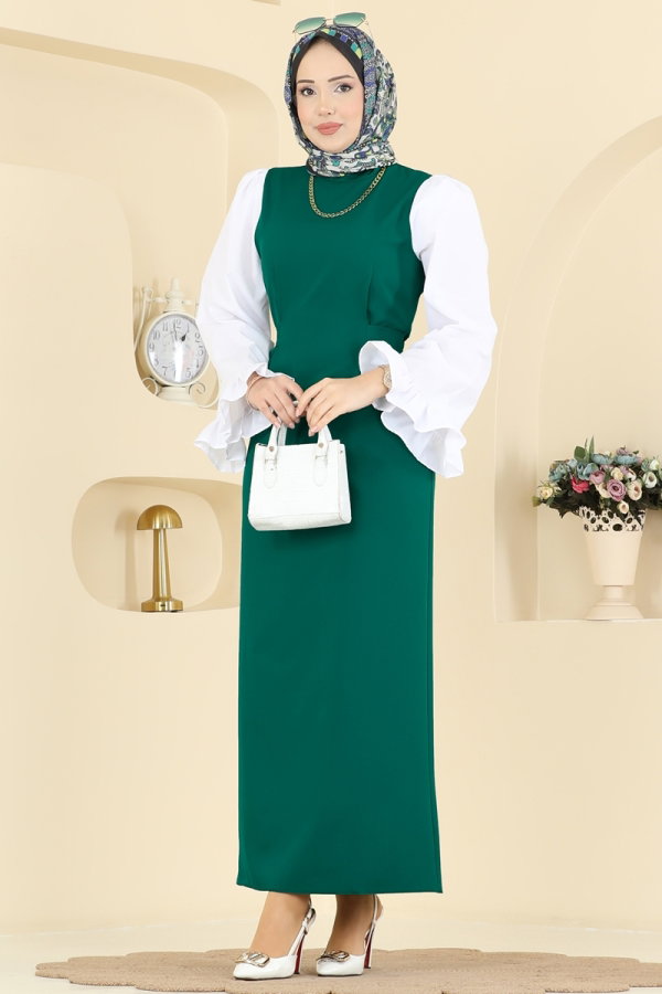 Modaselvim Elbise Fırfır Kol Detaylı Elbise 0418ALGK1170 Açık Zümrüt