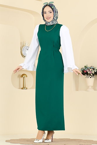 moda selvim Fırfır Kol Detaylı Elbise 0418ALGK1170 Açık Zümrüt - Thumbnail