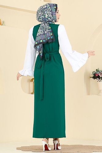 moda selvim Fırfır Kol Detaylı Elbise 0418ALGK1170 Açık Zümrüt - Thumbnail