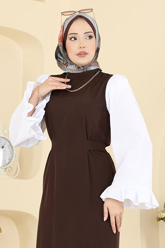 moda selvim Fırfır Kol Detaylı Elbise 0418ALGK1170 Kahve - Thumbnail